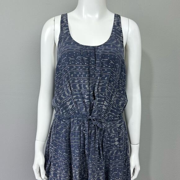 NSF Washed Silk Midi Dress Sz S Navy Blue Boho Printed Pockets Hi Low Scoop Neck - Picture 11 of 11